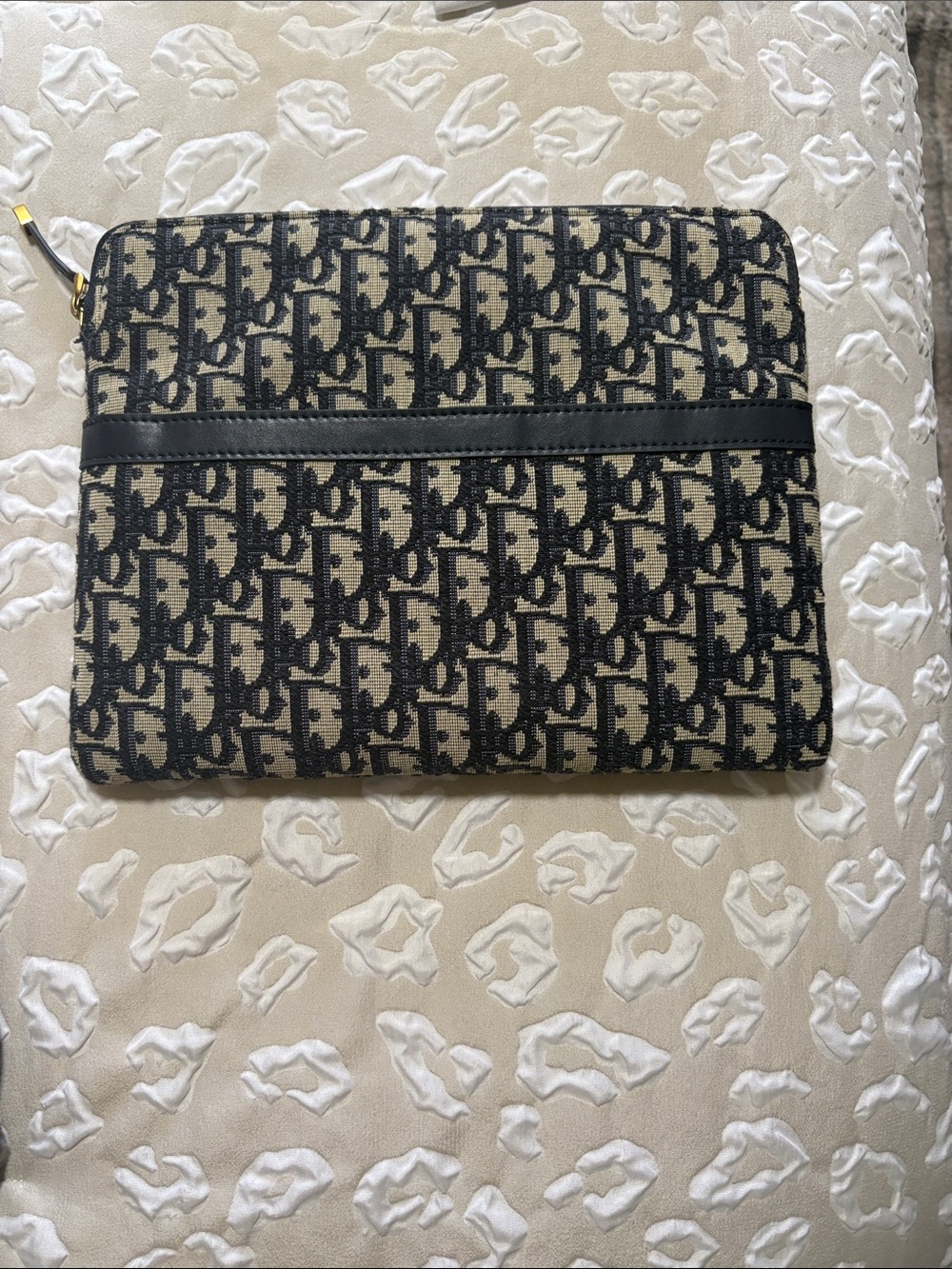 Black and Beige Canvas Toiletry Pouch with Leather Trim